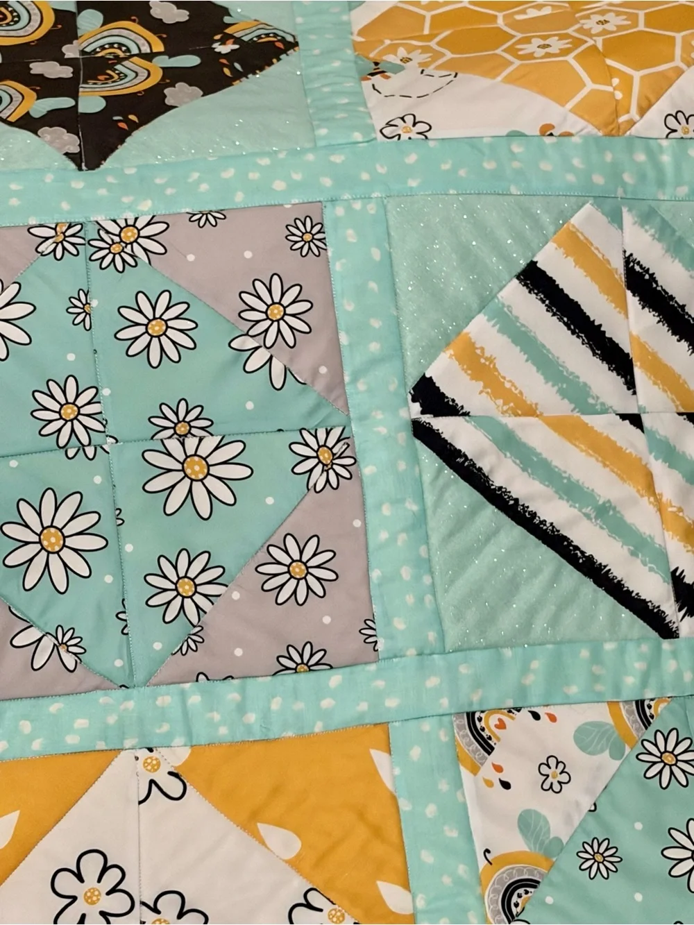 Aqua & Mustard Patchwork Baby Quilt by